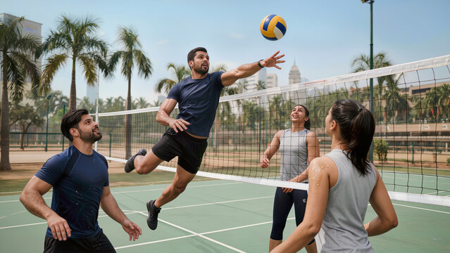 Athletic Young Indian People Playing Beach Volleyball on Outdoor Court with Player Jumping