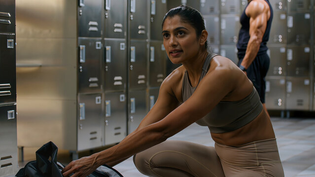 Confident Indian Female Athlete Sitting in Gym Locker Room with Male Athlete in Background