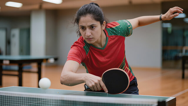 Focused Indian Female Table Tennis Player Preparing to Hit Ball in Competition Match