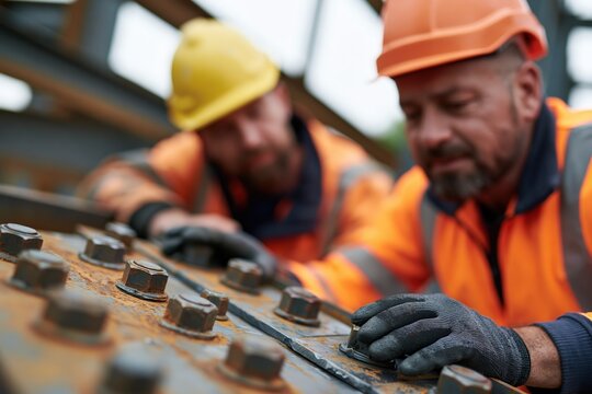 Steel erector and engineer inspecting beam - to - column connection at construction site