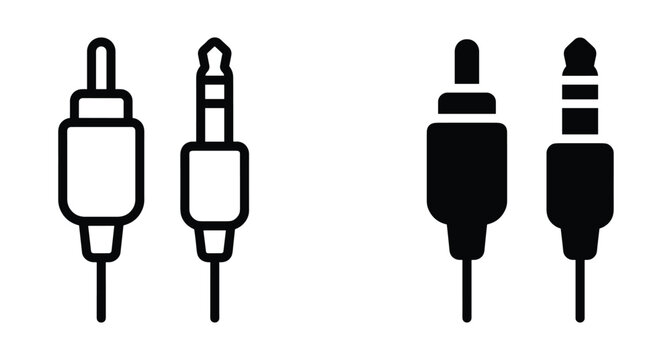 Audio jack and RCA plug icons in outline and solid styles for sound equipment connection and music technology interface design