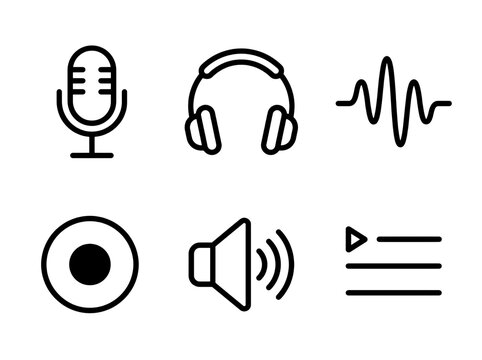 Podcast and audio line icon set featuring microphone, headphones, sound wave, recording button, speaker volume, and playlist symbols isolated on transparent background for broadcast UI design