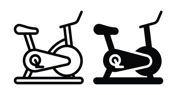 Stationary exercise bike icon set featuring outline and solid silhouette designs for fitness gym workout cardio training and health apps