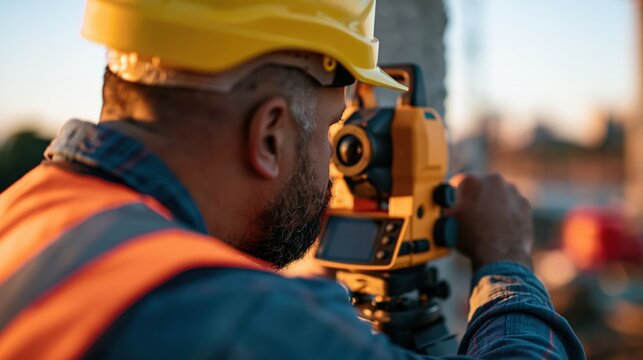 Structural engineer checking vertical alignment of concrete column with laser device on high - rise