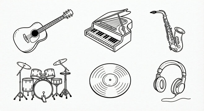 Set of hand drawn musical instruments and audio equipment icons in a clean black line art style