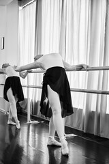 Female ballet dancers stretch at barre in bright studio light © TRAVELARIUM