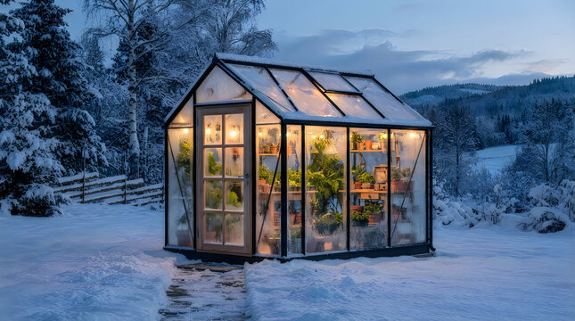 Winter greenhouse glows warmly amid snow covered landscape and bare trees