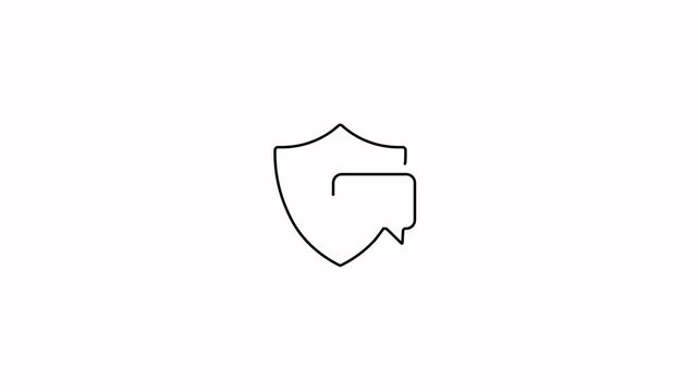 Continuous line animation of a speech bubble inside a shield on a white background. Minimal line-art visual for secure chat.