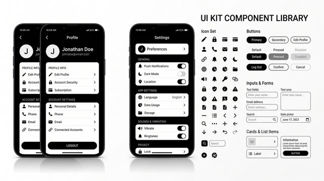Mobile Profile Settings Ui Kit, Showcasing Icons, Buttons, and Forms for User Interface Design