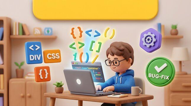Programmer sits at a wooden desk while typing code on a laptop surrounded by floating software development icons in a cozy room.