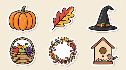 Fototapeta premium Autumn sticker illustrations featuring pumpkin leaf wreath witch hat fruit basket and birdhouse