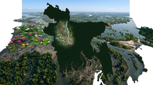Silhouette Map of Bangladesh Superimposed Over a Lush Landscape of Water Lilies and River Delta