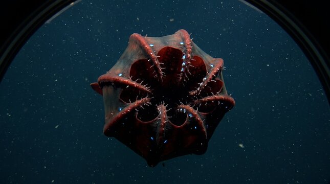 Deep sea vampire squid Vampyroteuthis infernalis in defensive pumpkin posture viewed through submersible porthole