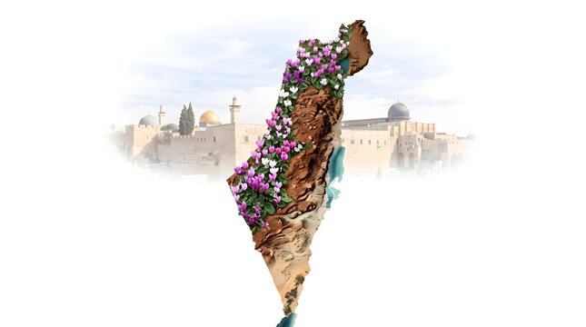 Artistic Silhouette of Israel Map with Blooming Wildflowers and Jerusalem Landmark Background
