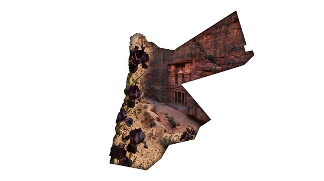 Jordan Map Silhouette Featuring Ancient Petra Treasury and Black Iris Flowers for Travel Concept