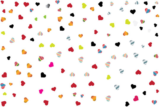 Confetti hearts pattern background with colorful, red, black, and gradient metallic hearts isolated on transparent background