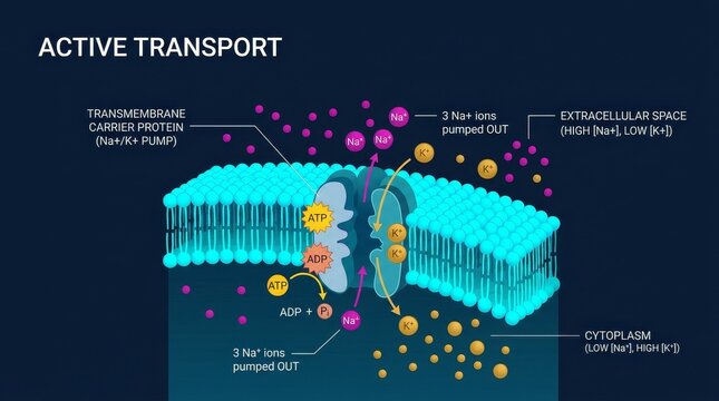 Cellular Active Transport Mechanisms Illustration.