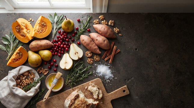 Fresh autumn ingredients including pumpkin squash pears sweet potatoes and cranberries laid out on dark rustic countertop with cranberry ingredient vegetable countertop thanksgiving cinnamon