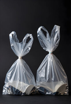 Plastic pollution and environmental waste, two transparent shopping bags containing consumer goods on a dark background for ecological awareness