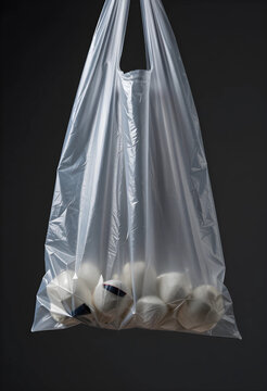 Plastic pollution and environmental waste, single-use grocery bag filled with white objects on a dark background for ecological sustainability concepts