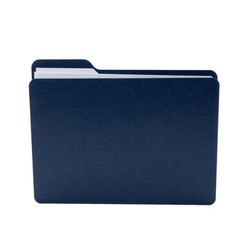 Single blue file folder with white paper inserts on a white background