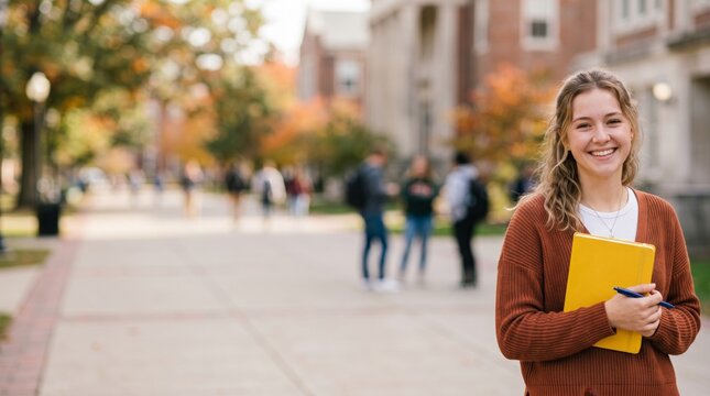 Smiling student holds a yellow notebook and pen on a leafy campus walkway with room for text on the left