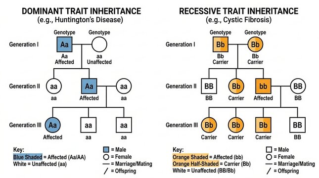 Genetic Trait Inheritance Diagram With Dominant And Recessive Patterns.