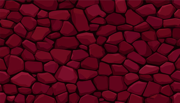Seamless vector background of a red stone wall texture. Cartoon style flat illustration of rocks in deep burgundy colors, ideal for gaming backdrop, banner design, website surface or textile print.