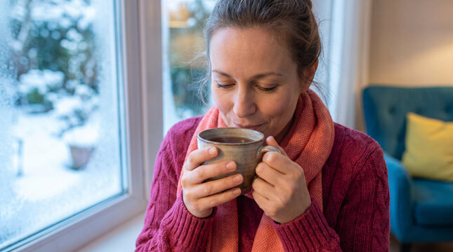 Woman sipping hot tea for hydration in cozy indoor setting  