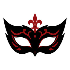 Elegant masquerade eye mask topped with a red fleur de lis and curling scrollwork, black and red gothic vector icon for carnival ball, cosplay and party designs. © Marcelino