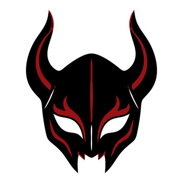 Horned demon oni mask with red tribal markings and sharp fangs, black and red gothic vector icon for Japanese folklore, Halloween cosplay, horror and tattoo designs.