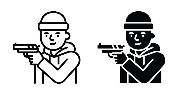 Man in beanie and hoodie holding handgun pistol icon set in outline and solid black glyph style for crime design
