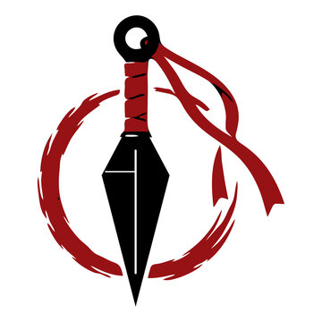 Japanese kunai throwing dagger wrapped with a red ribbon on a brush circle, black and red gothic vector icon for ninja anime, samurai, weapon and tattoo designs.