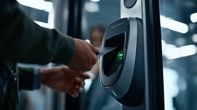 Security guards hands are scanning a visitor badge at the entrance reader in an office lobby with a modern design.