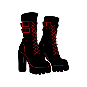 Pair of gothic ankle boots with red criss cross laces, buckle straps and chunky block heels, black and red vector icon for punk footwear and grunge fashion designs.