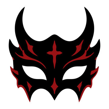 Horned demon masquerade mask with a red cross and flame filigree, black and red gothic vector icon for Halloween costume, devil cosplay, horror and tattoo designs.
