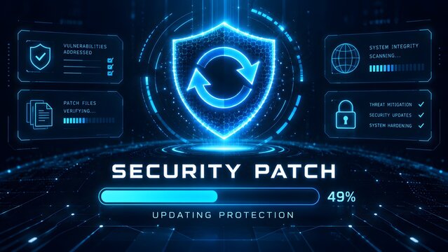 Glowing security patch interface with progress bar and shield icon representing digital system protection upgrade