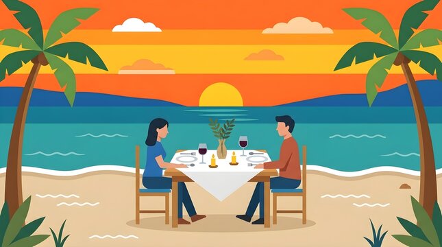 Couple enjoying dinner at an outdoor beachfront restaurant overlooking a tropical sunset and ocean.