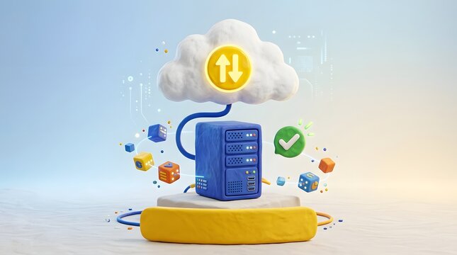 Server tower connects to a cloud computing icon while surrounded by floating digital data blocks.