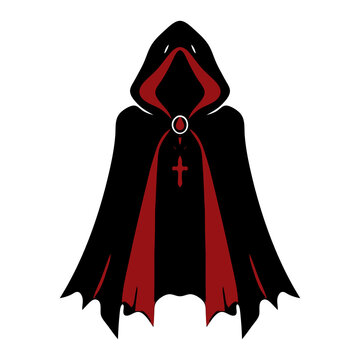 Gothic hooded cloak cape with red lining and a cross clasp, black and red vector icon for vampire cosplay, wizard fantasy, Halloween costume and sticker designs.