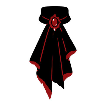 Gothic jabot cravat neck tie with a red cameo brooch and layered ruffles, black and red vector icon for Victorian aristocrat cosplay and apparel designs.