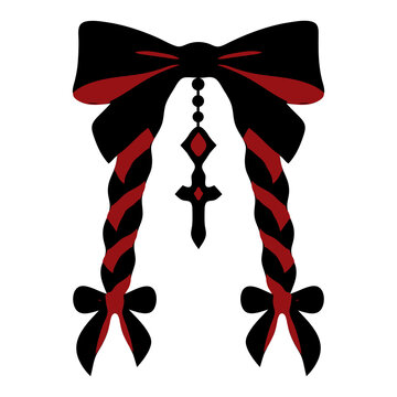 Gothic hair bow with red ribbon braids and a hanging cross charm, black and red vector icon for lolita hairstyle, coquette fashion and sticker designs.