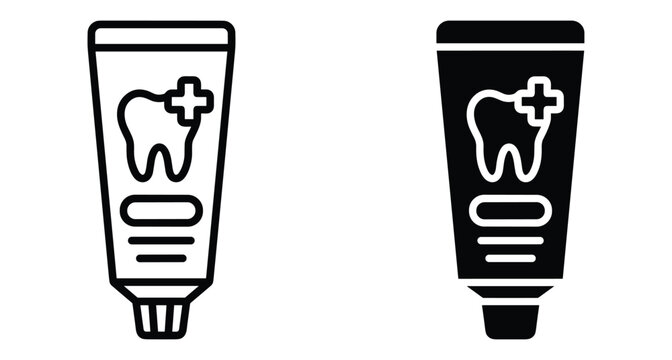Toothpaste tube icon set with tooth symbol and medical cross for dental care oral hygiene and healthcare product design