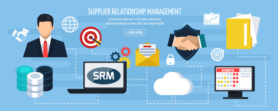 Supplier Relationship Management SRM Vector Banner Business Partnership Handshake Businessman Laptop Cloud and Strategy Icons on Blue Background