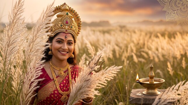 Smiling Goddess Durga Face Portrait Kash Grass Field Sunset Background