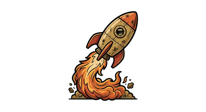 This vintage retro rocket takes off with powerful bright orange flames, blasting high into the open space with incredible speed and power, representing innovation, ambition, future exploration, fast b