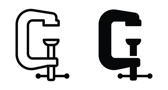 C clamp icon set for woodworking and construction projects featuring outline and solid black flat vector designs for industrial hardware tools