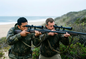 Fototapeta premium Hunting and wildlife management, two men in camouflage gear aiming rifles with scopes at the coast for outdoor sport and conservation activity