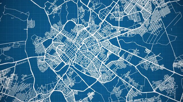 Ink reveal animation of Cuiab&aacute; city, Mato Grosso do Sul, Brasil (Brazil) grid map. Aerial top view. Blueprint style. White lines with blue background. 4K Seamless loop.