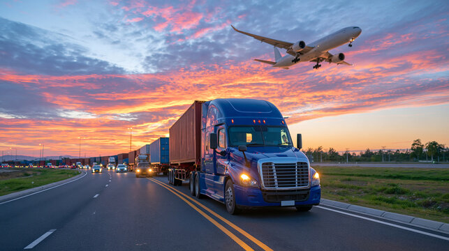 Multiple container trucks traveling along a congested freight road while a large airplane crosses the colorful evening sky above, stacked shipping containers visible on trailers, dramatic sunset clo